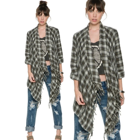 Billabong Sweaters - Billabong Live it Up Plaid Fringe Kimono Cardigan